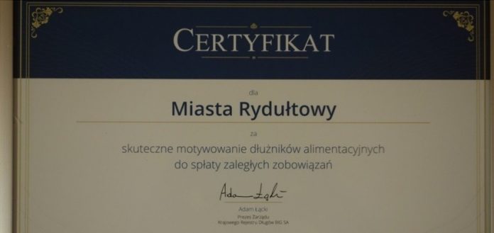 Rydułtowy: Certyfikat za motywowanie dłużników alimentacyjnych